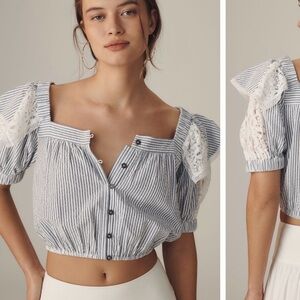 Anthropologie Blue & White Striped Lace-Trim Cropped Top
